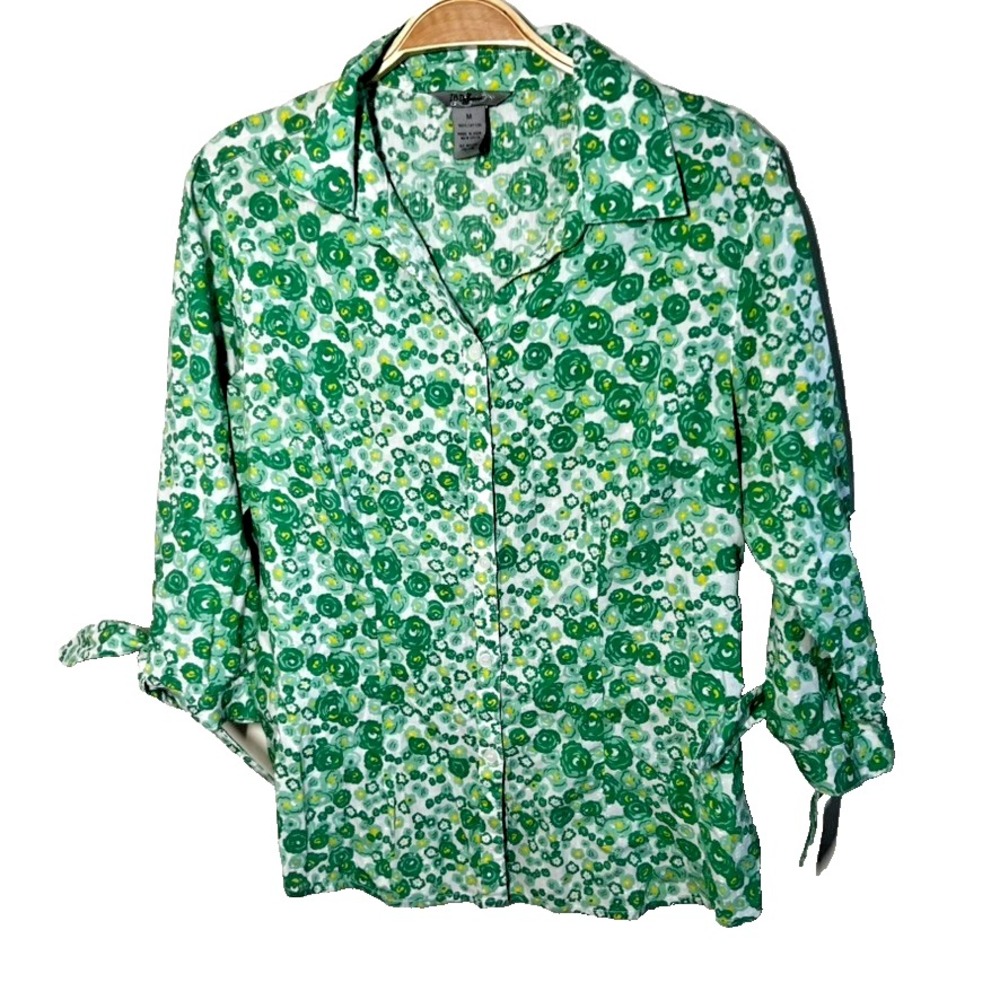 Vintage IB Diffusion M Green Floral Cotton Dobby Button‎ Up Blouse Shirt Retro